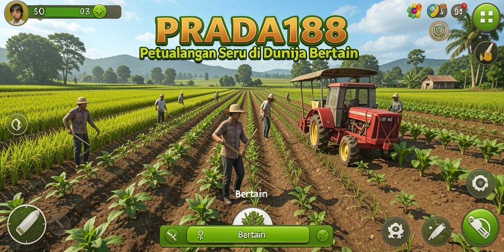 Antarmuka permainan PRADA188 menampilkan kebun dan aktivitas bertani.